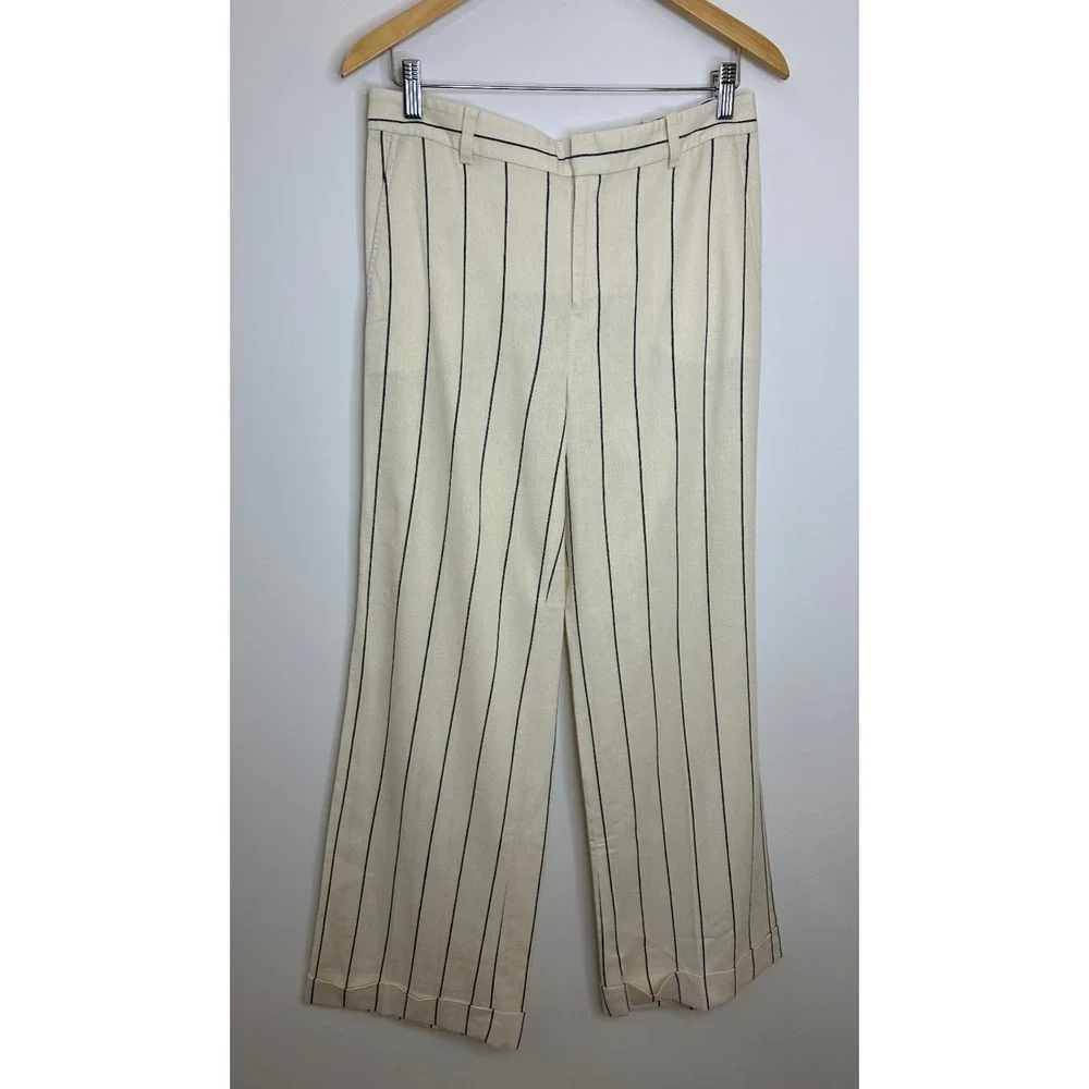 Lauren Ralph Lauren Linen Blend Pants Cream Stripe Wide Leg Minimalist Office - Picture 2 of 16